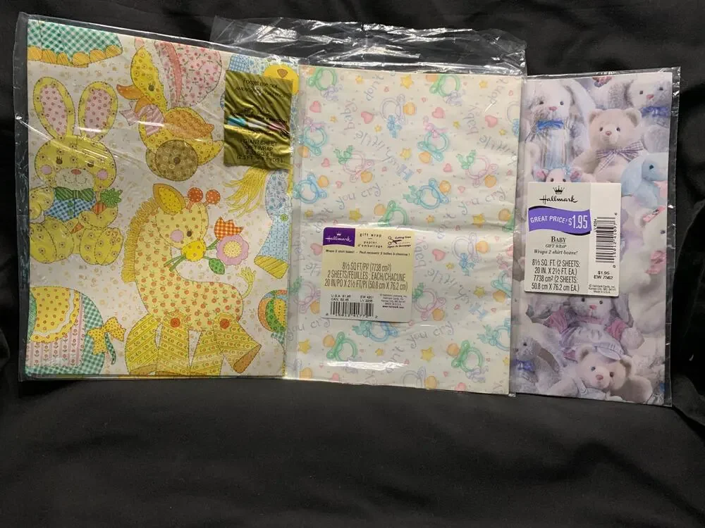 Vintage Baby Shower Gift Wrap Lot 3 Full Sheets Hallmark American Greetings